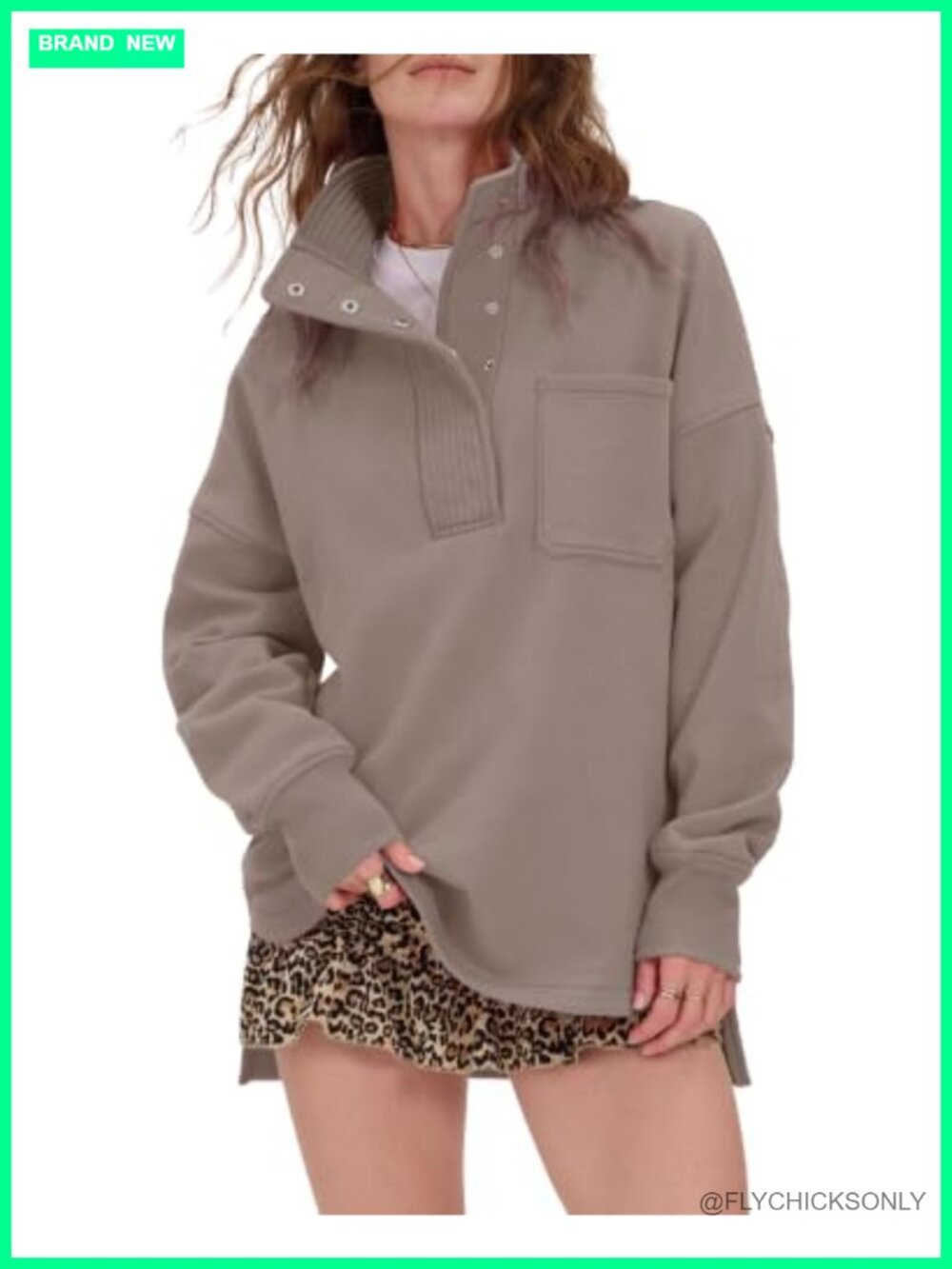 Oversized Henley Neck Snap Button Sweatshirt Slouchy Fit Pullover